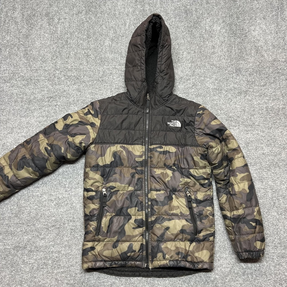 The North Face Jacket Youth 18/20 Green Camo Hooded Fleece Lined Puffer Winter